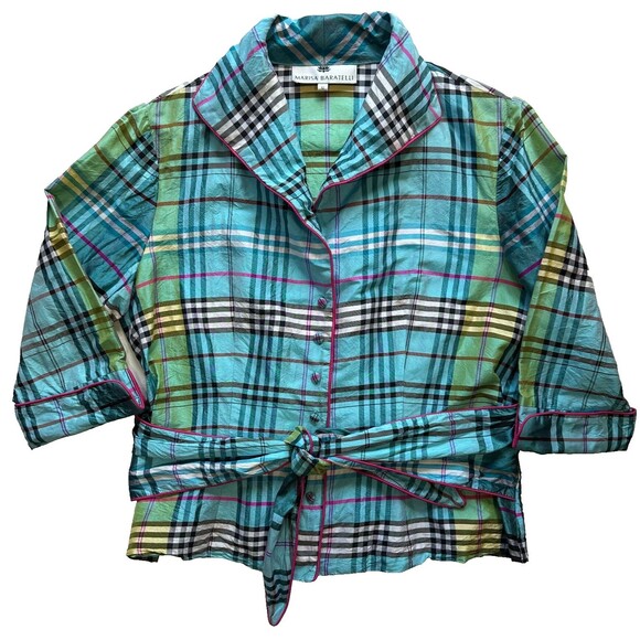 Marisa Baratelli 100% Thai Silk Tie Bow Waist Jacket Top Blouse Size 12 Plaid - Picture 14 of 14